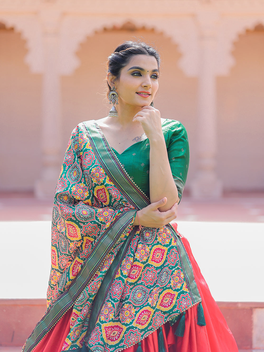 Red Color Printed With Foil Work Dola Silk Lehenga Choli Clothsvilla