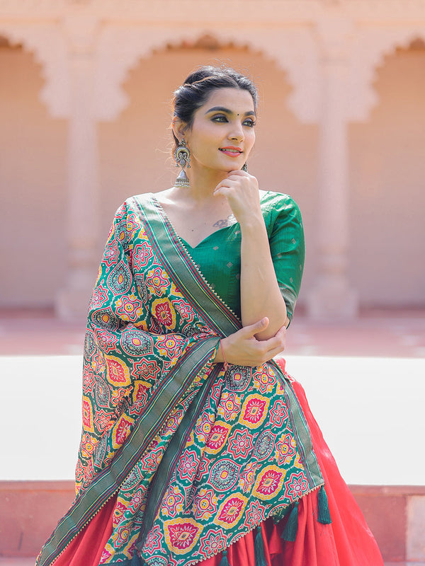 Red Color Printed With Foil Work Dola Silk Lehenga Choli Clothsvilla