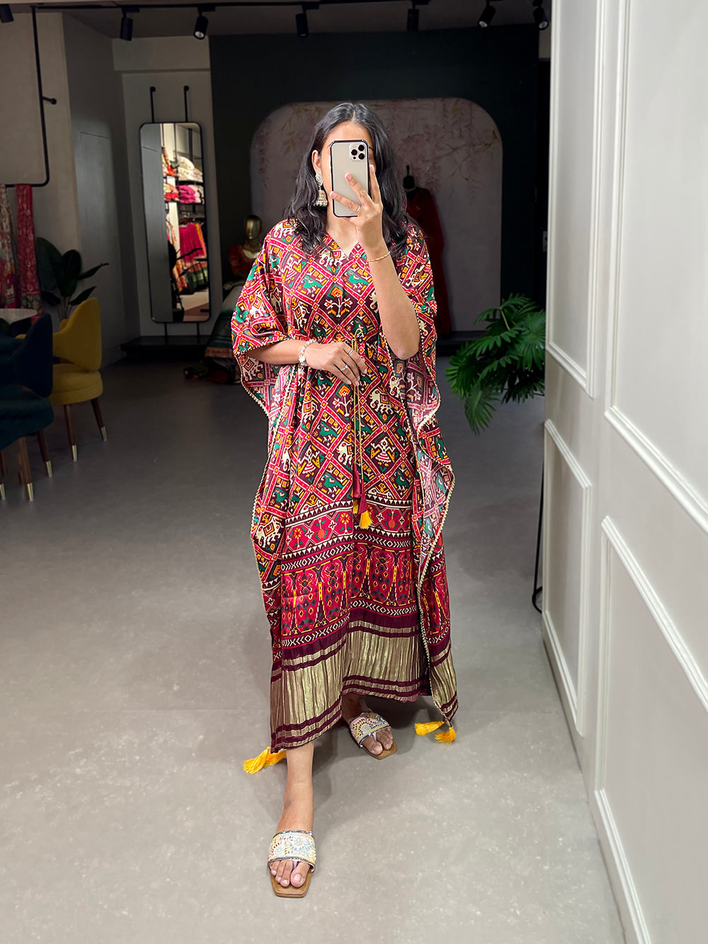 Red Color Patola Printed Gaji Silk Kaftan ClothsVilla.com