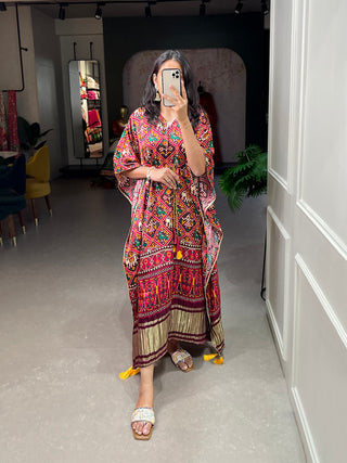 Red Color Patola Printed Gaji Silk Kaftan ClothsVilla.com