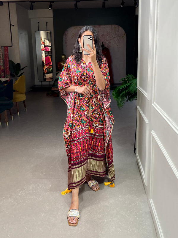 Red Color Patola Printed Gaji Silk Kaftan ClothsVilla.com