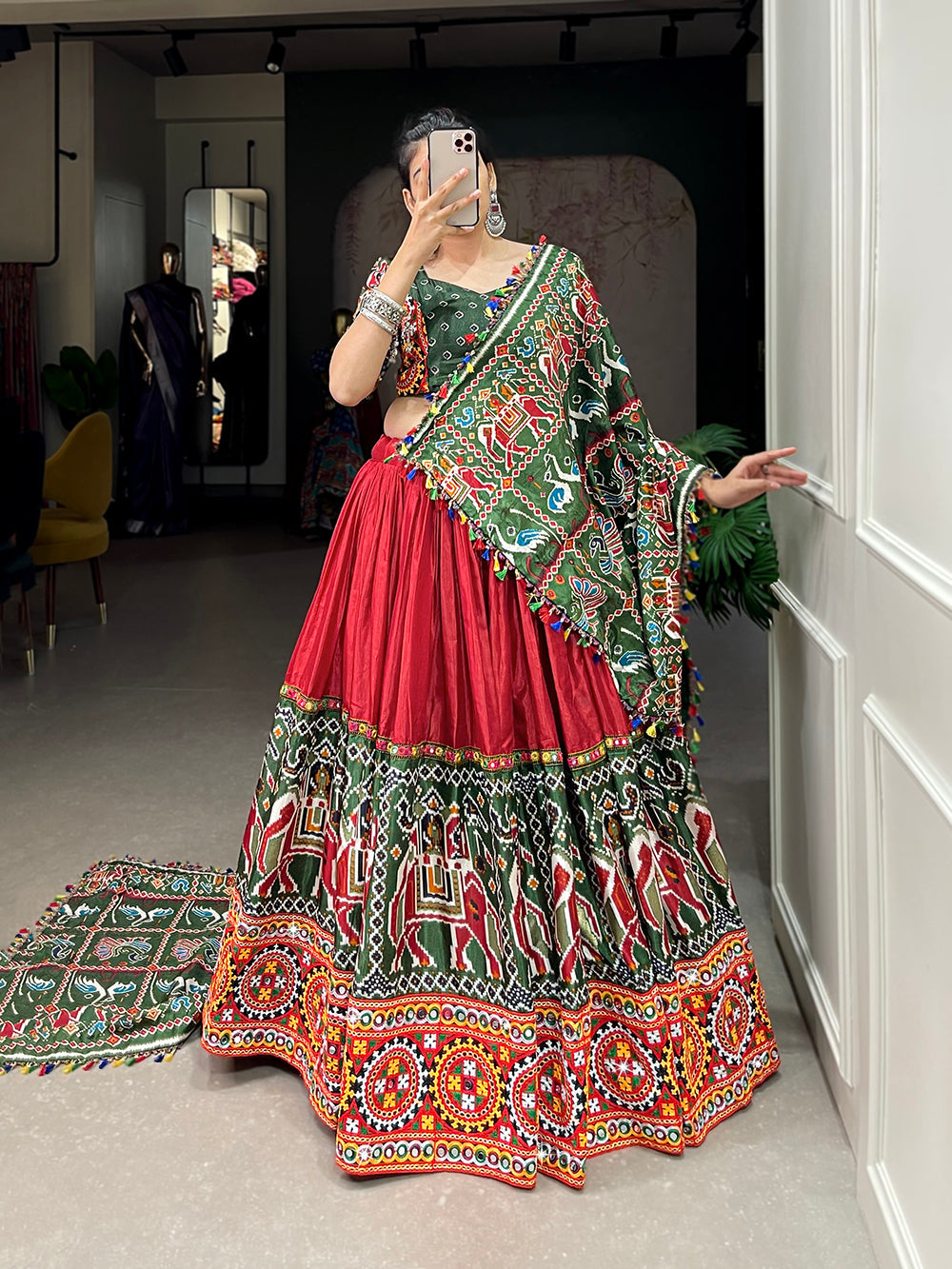 Red Color Patola Print With Gamthi Work And Mirror Work Dola Silk Lehenga  Choli ClothsVilla