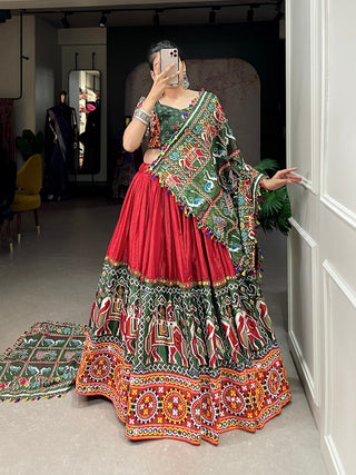 Red Color Patola Print With Gamthi Work And Mirror Work Dola Silk Lehenga  Choli ClothsVilla