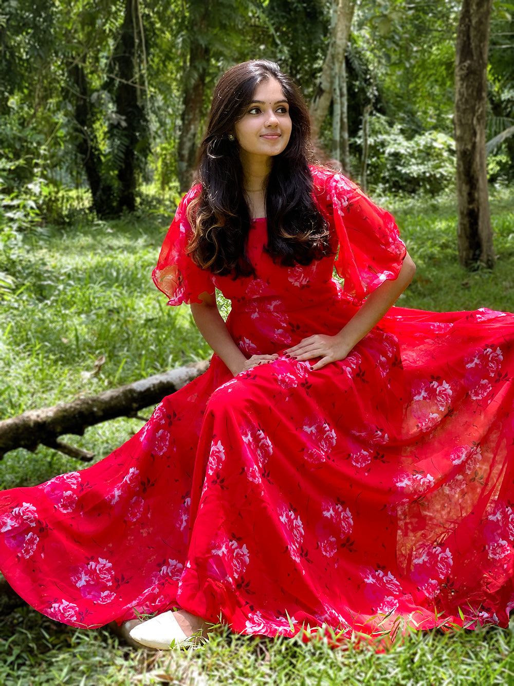 Red Color Digital Printed Georgette Gown Clothsvilla