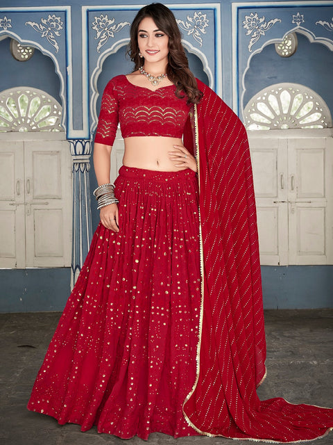 Red Color Lucknowi Thread & Sequins Embroidery Work Georgette Lehenga Choli ClothsVilla.com Main image
