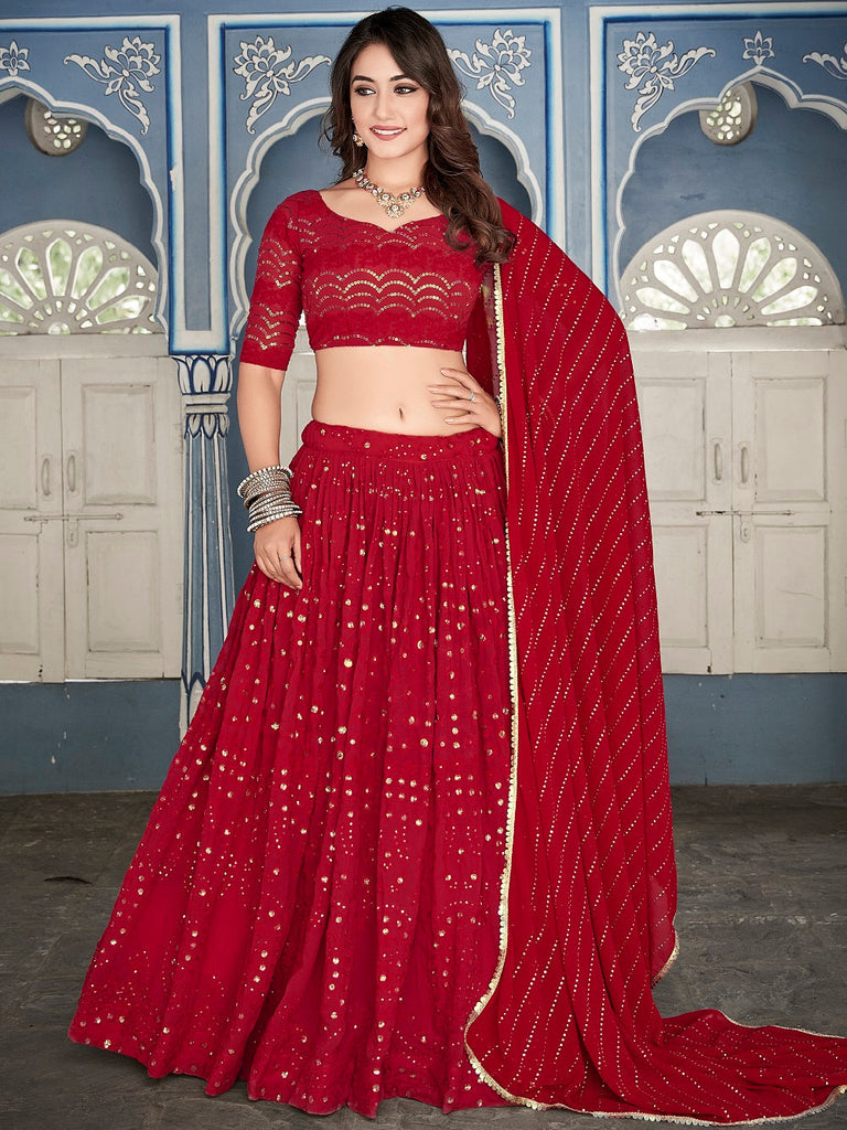 Red Color Lucknowi Thread & Sequins Embroidery Work Georgette Lehenga Choli ClothsVilla.com