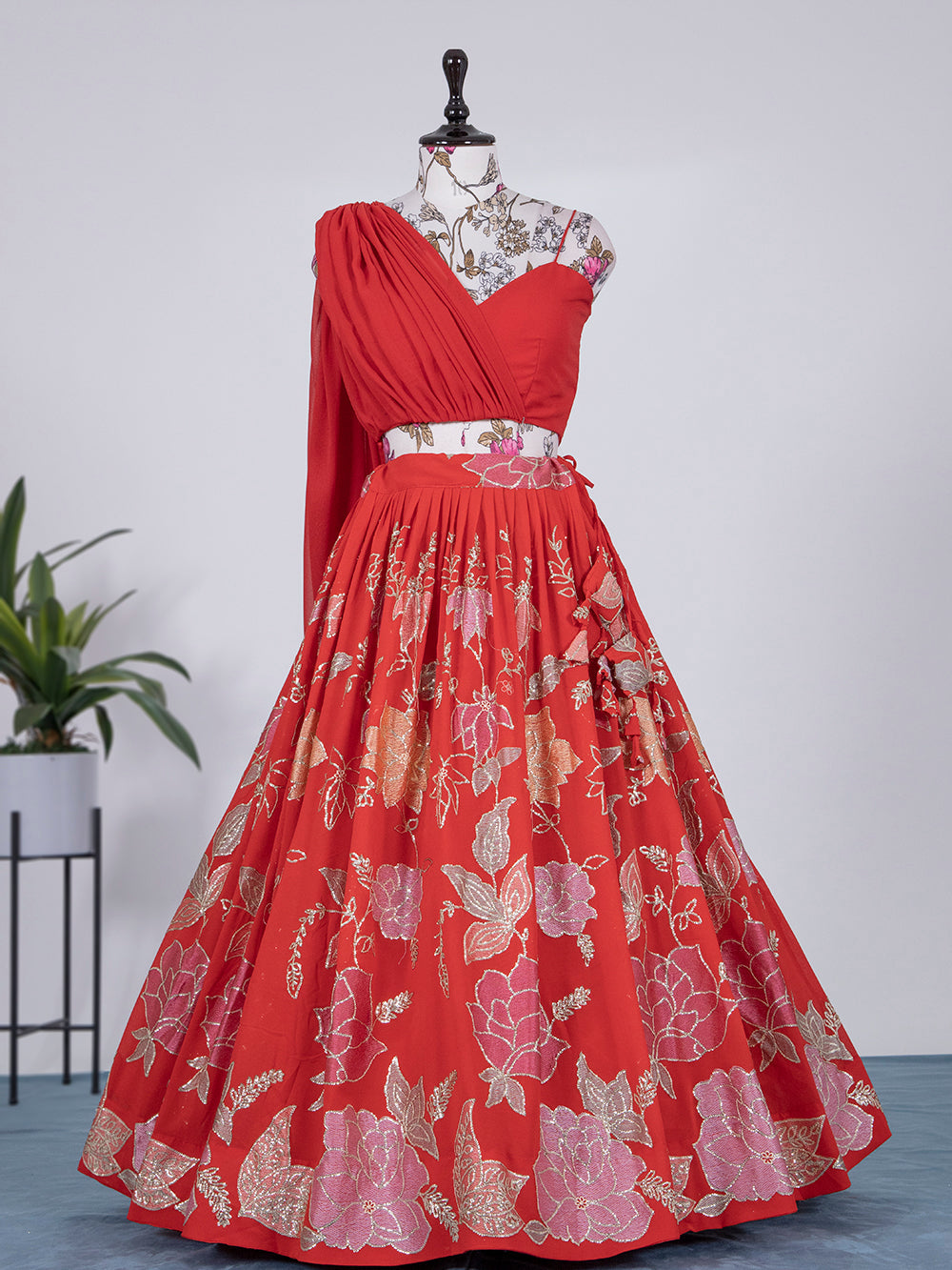 Red Color Sequins And Thread Embroidery Work Georgette Lehenga Choli Clothsvilla Main image