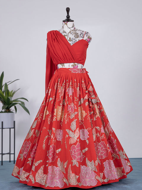 Red Color Sequins And Thread Embroidery Work Georgette Lehenga Choli Clothsvilla Main image