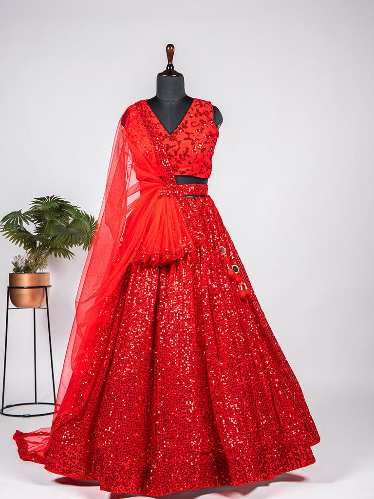 Red Color Sequins Embroidery Work Georgette Party Wear Lehenga Choli Clothsvilla