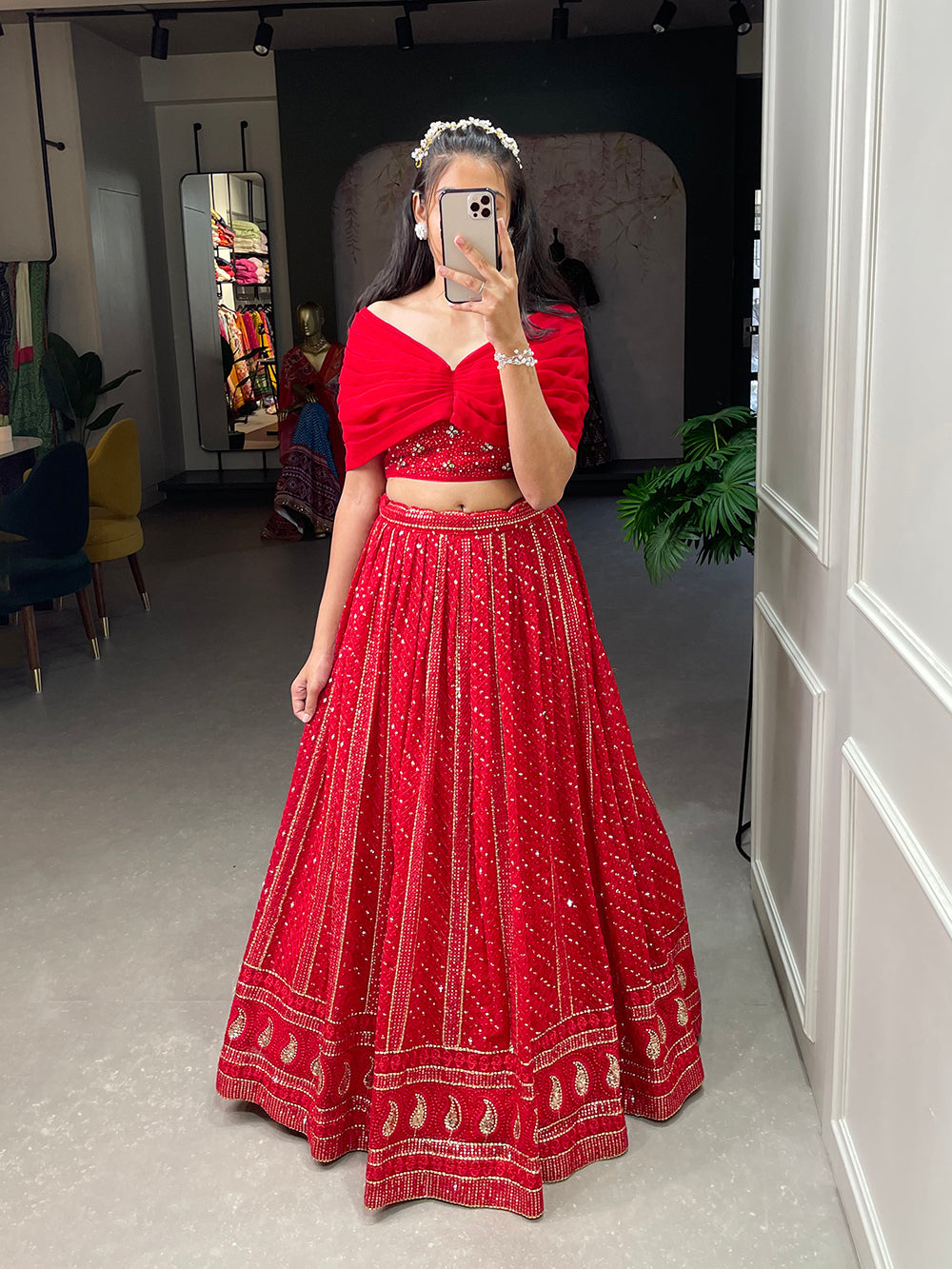 Red Color Sequins and Embroidery Thread Work Georgette Co-Ord Set Lehenga Choli ClothsVilla.com