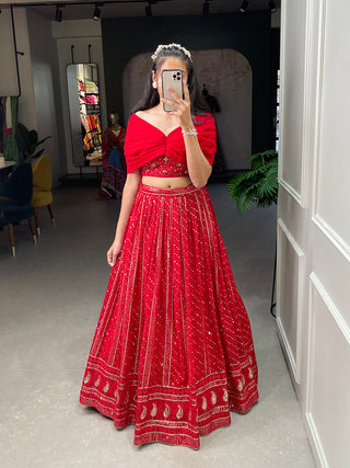 Red Color Sequins and Embroidery Thread Work Georgette Co-Ord Set Lehenga Choli ClothsVilla.com