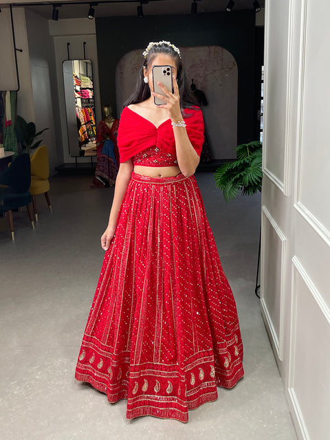 Red Color Sequins and Embroidery Thread Work Georgette Co-Ord Set Lehenga Choli ClothsVilla.com Main image