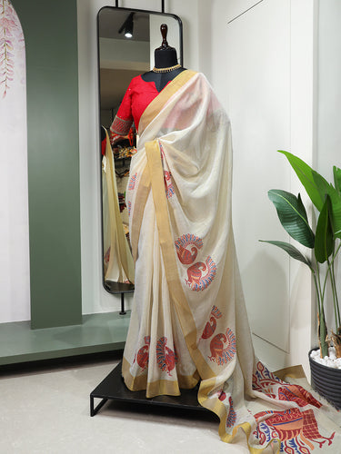 Peacock Design Printed Kasavu Zari Border Saree Clothsvilla