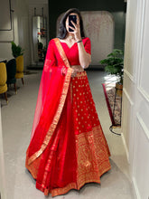 Load image into Gallery viewer, Red Color Weaving Zari Work Jacquard Silk Lehenga Choli With Net Dupatta Clothsvilla