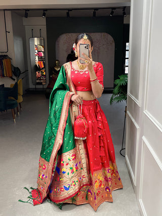 Red Color Weaving Zari Work jacquard Paithani Silk Lehenga Choli ClothsVilla.com