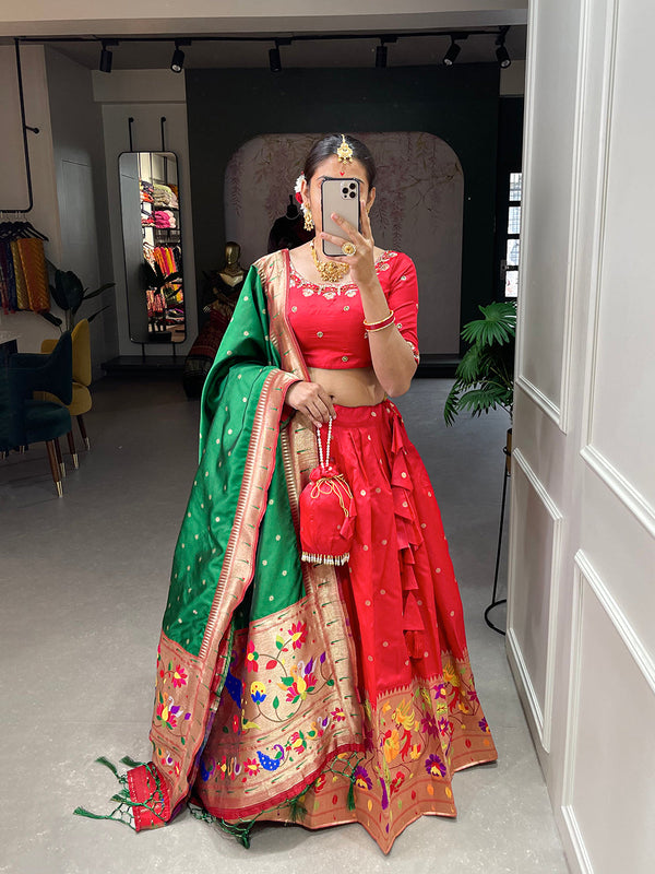 Red Color Weaving Zari Work jacquard Paithani Silk Lehenga Choli ClothsVilla.com