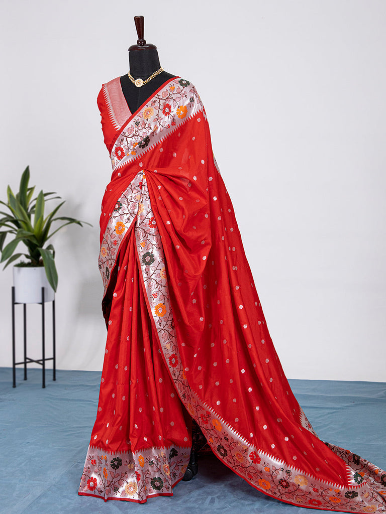 Red Color Weaving Zari work Jacquard Silk Paithani Saree Clothsvilla