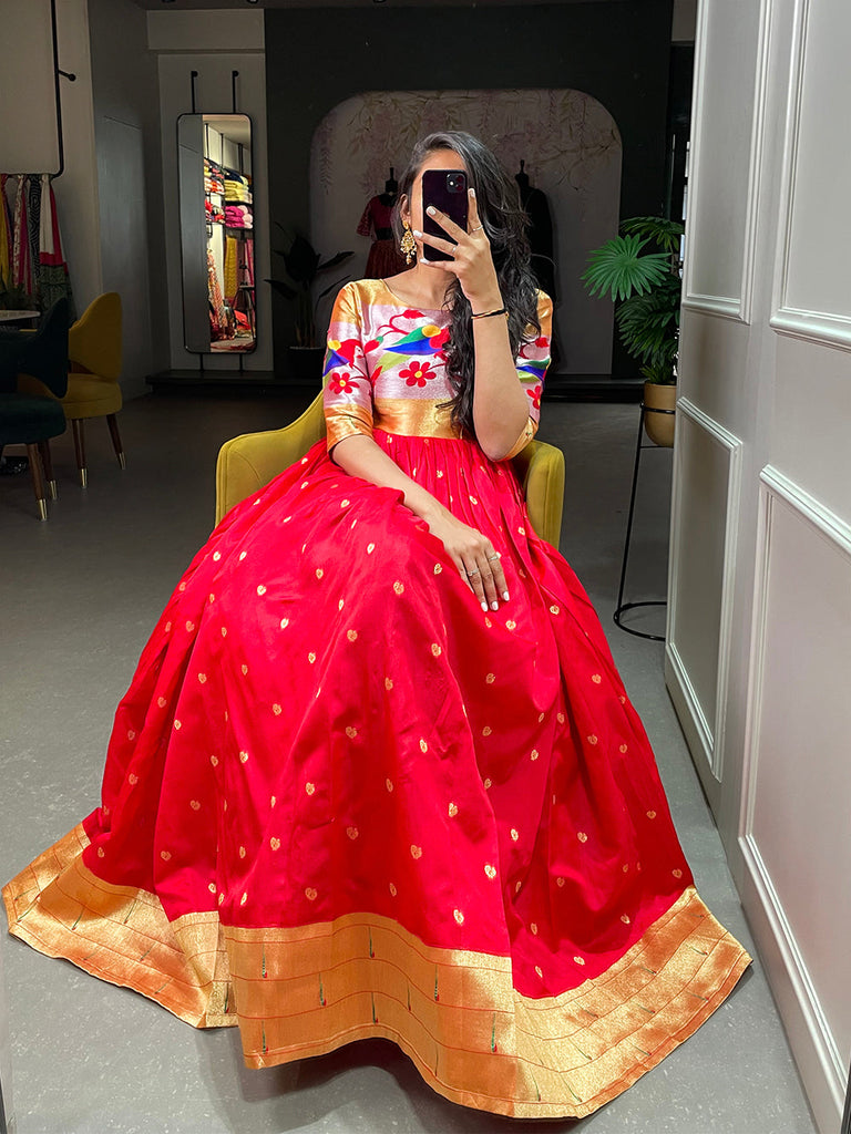 Red Color Weaving Zari Work Jacquard Silk Paithani Gown Clothsvilla