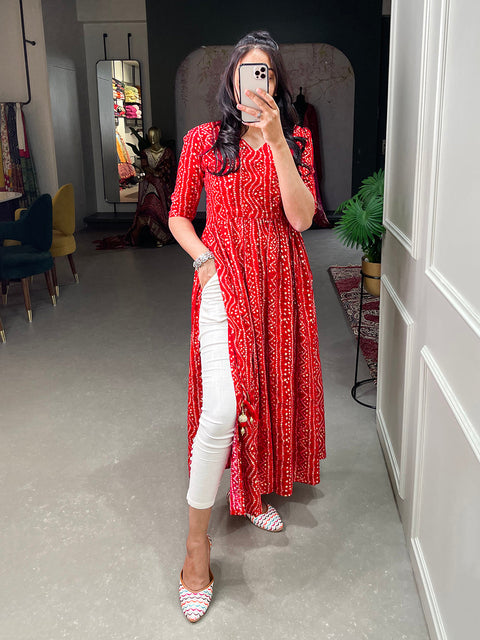 Red Color Foil and Printed Pure Cotton Kurti Clothsvilla Main image