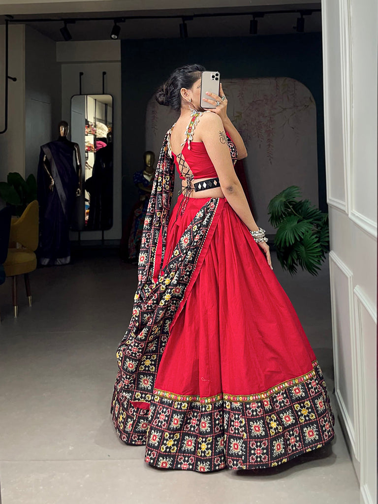 Red Color Patola Print With Paper Mirror Work Ghaghra Choli ClothsVilla