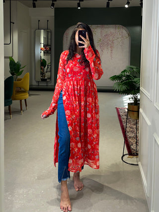 Red Color Floral Printed Georgette Material Naira Cut Kurti Clothsvilla