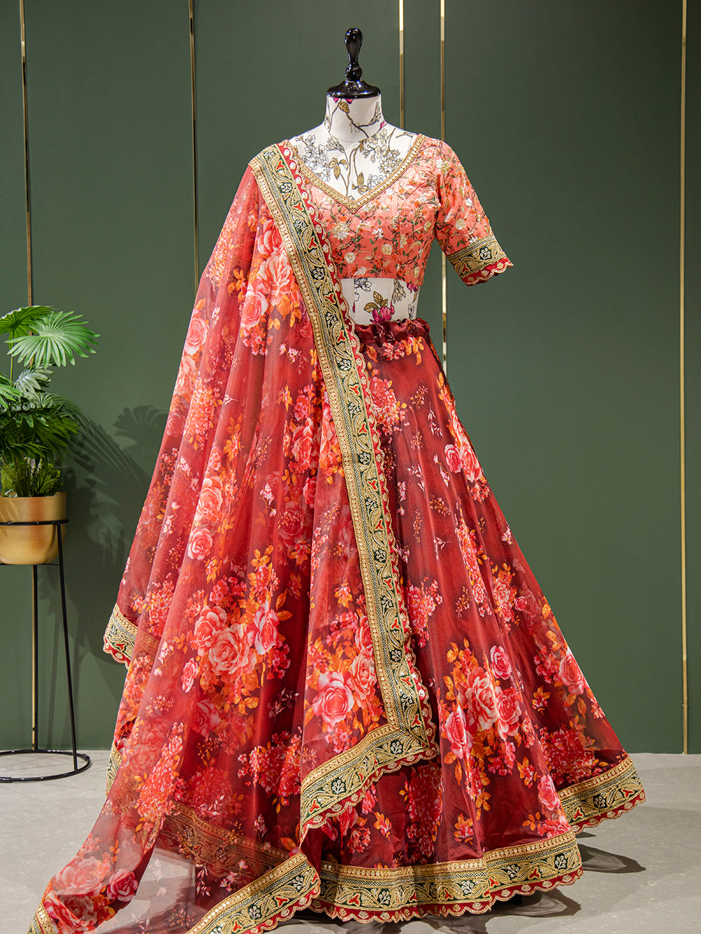 Red Color Floral Printed Organza Lehenga Choli Clothsvilla