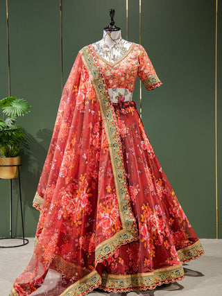 Red Color Floral Printed Organza Lehenga Choli Clothsvilla