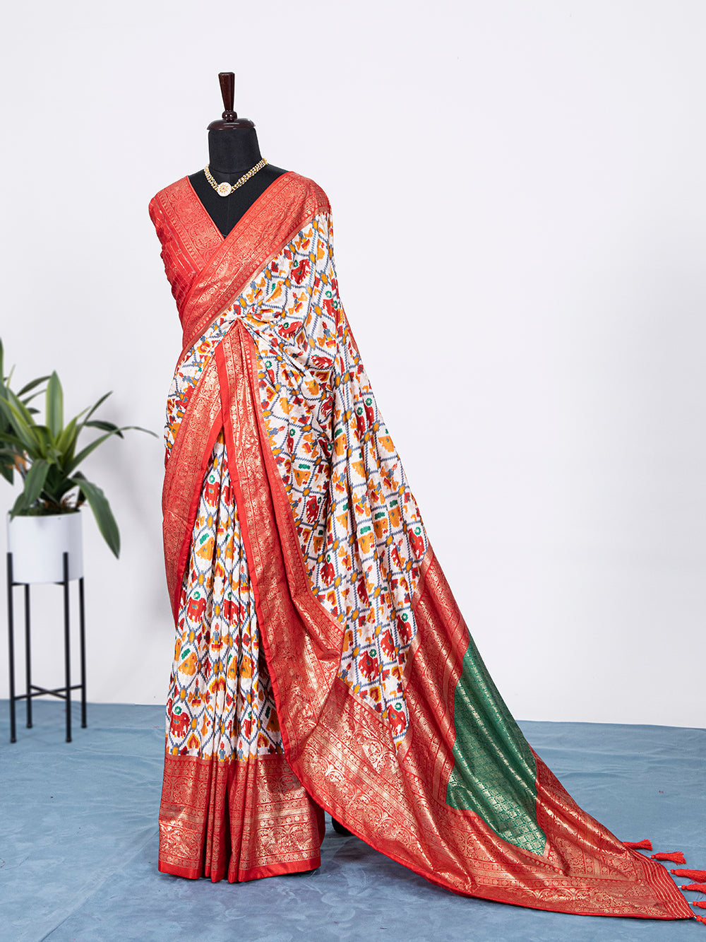 Red Color Patola Print with Foil Work Dola Silk Saree Clothsvilla
