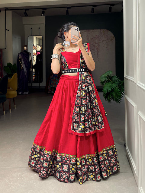 Red Color Patola Print With Paper Mirror Work Ghaghra Choli ClothsVilla Main image