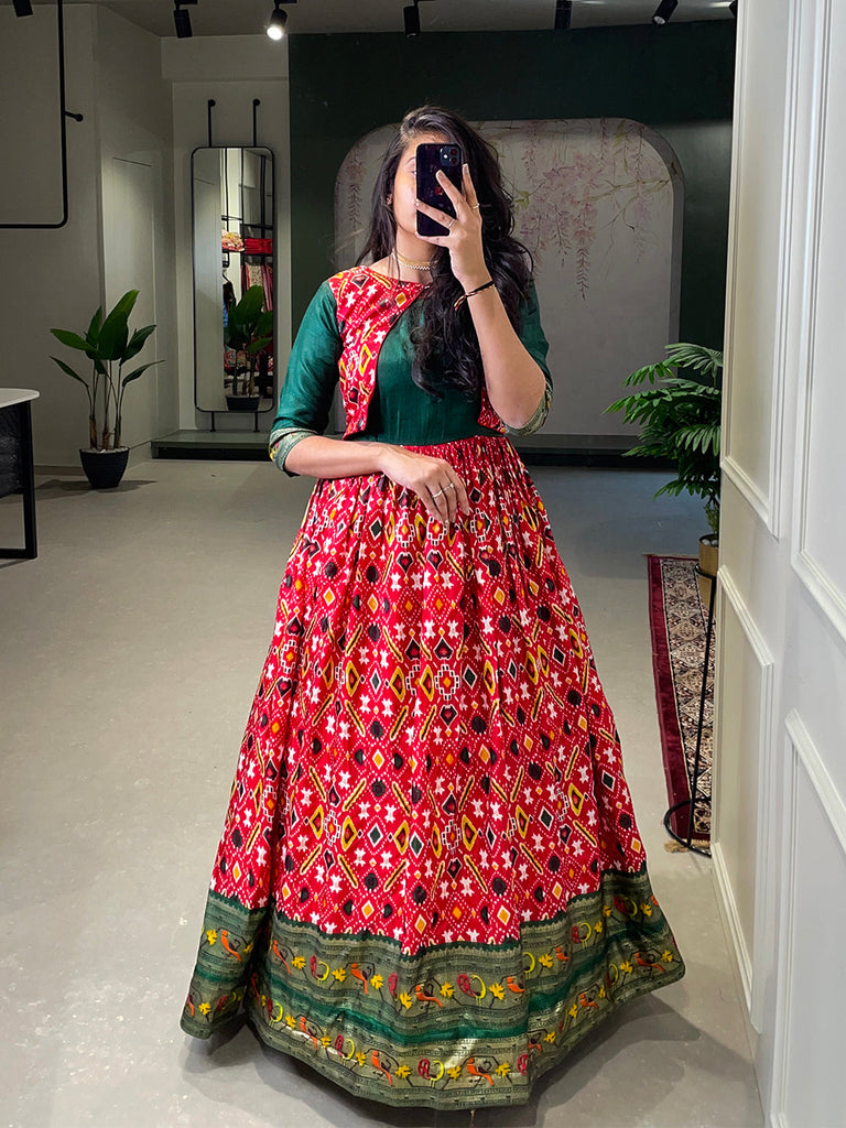 Green and Red Silk Patola Print Floor Length | Indian Cloth Store -