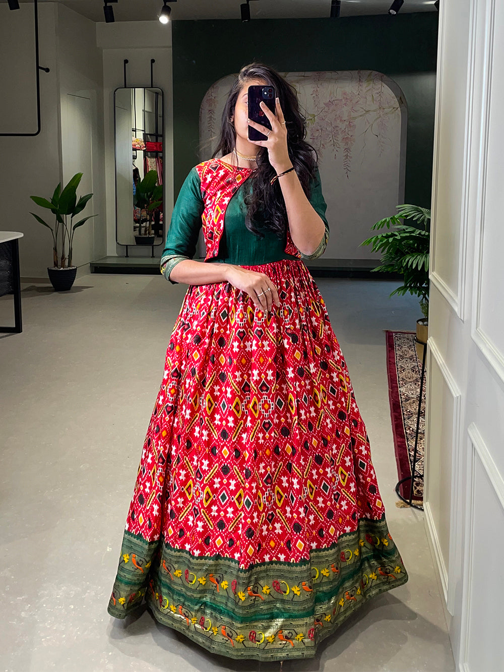 Red Color Patola Paithani Printed And Foil Printed Silk Gown