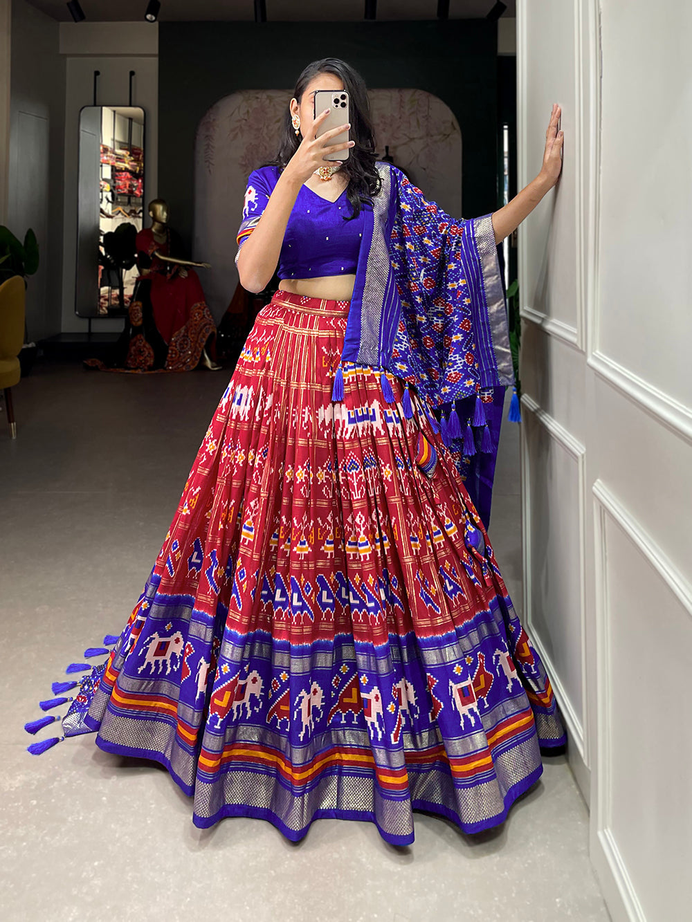 Red Color Patola Printed With Foil Work Tussar Silk Lehenga Choli ClothsVilla