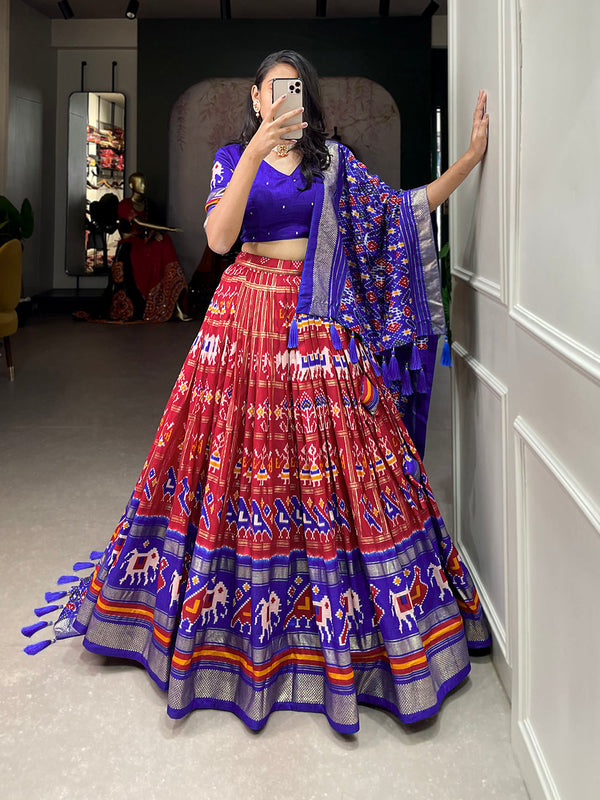 Red Color Patola Printed With Foil Work Tussar Silk Lehenga Choli ClothsVilla