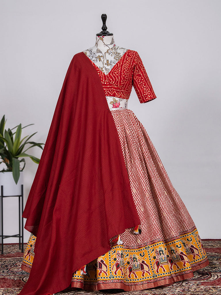 Red Color Printed With Foil Cotton Lehenga Clothsvilla