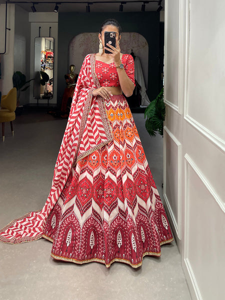 Photo of Red and White Floral Lehenga with Blue Border