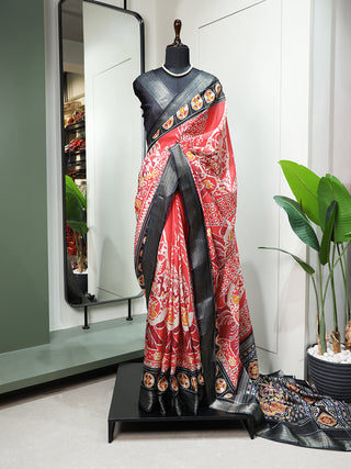 Red Color Printed With Zari Border Dola Silk Saree Clothsvilla