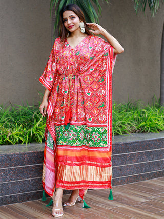 Red Color Digital Bandhej Print Pure Gaji Silk Kaftan Clothsvilla