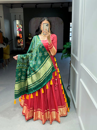 Salmon Color Dyeing With Lagdi Patta Gaji Silk Lehenga Choli ClothsVilla.com