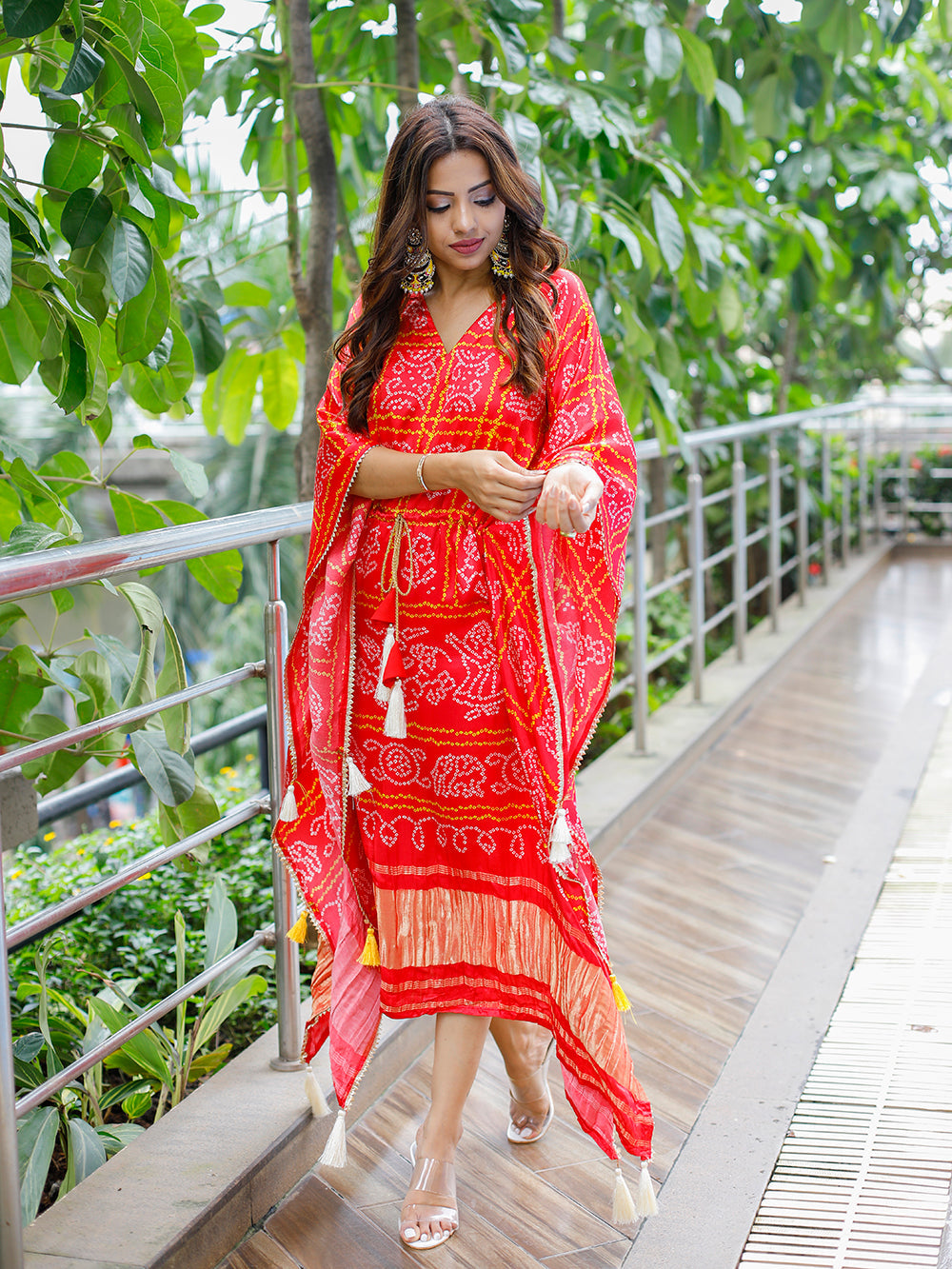 Red Color Digital Bandhej Printed Pure Gaji Silk Kaftan Clothsvilla