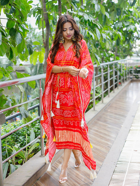 Red Color Digital Bandhej Printed Pure Gaji Silk Kaftan Clothsvilla Main image