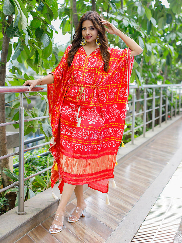 Red Color Digital Bandhej Printed Pure Gaji Silk Kaftan Clothsvilla