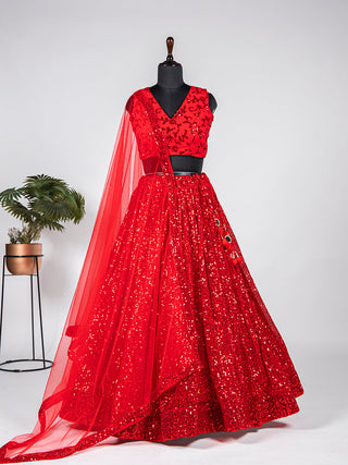 Red Color Sequins Embroidery Work Georgette Party Wear Lehenga Choli Clothsvilla