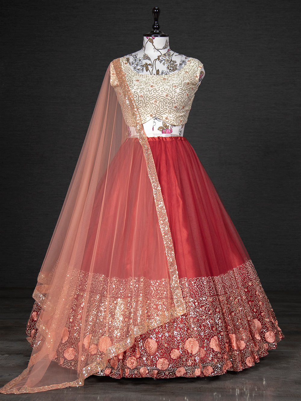 Red Color Sequins Embroidery Work Net Lehenga Choli With Dupatta Clothsvilla