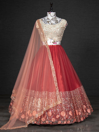 Red Color Sequins Embroidery Work Net Lehenga Choli With Dupatta Clothsvilla