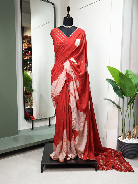 Red Color Sequins With Zari Line And Gota Patti Lace Border Viscose Chanderi Saree Clothsvilla Main image