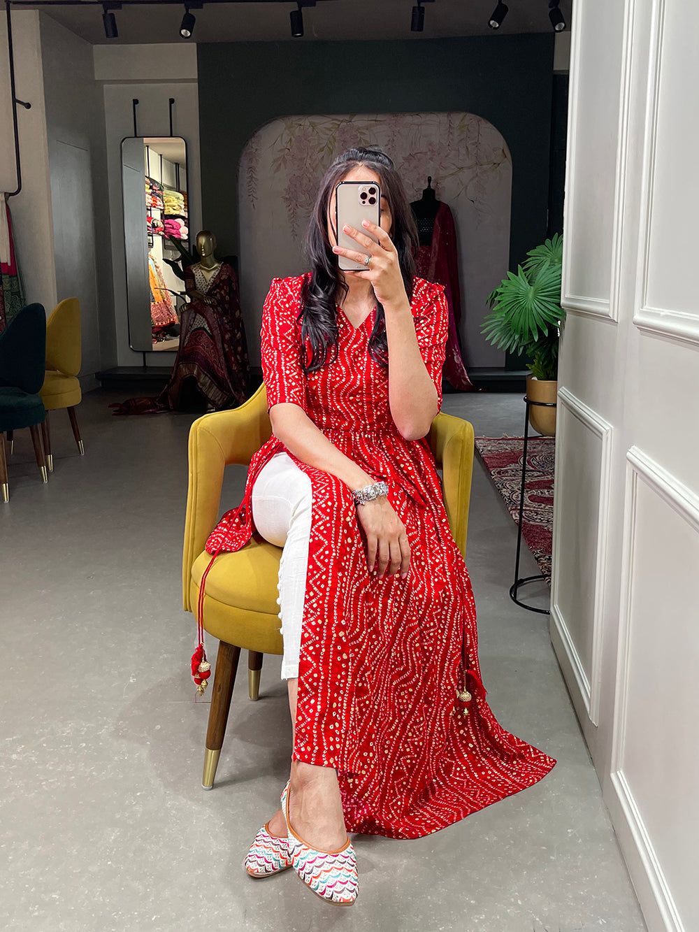 Red Color Foil and Printed Pure Cotton Kurti Clothsvilla