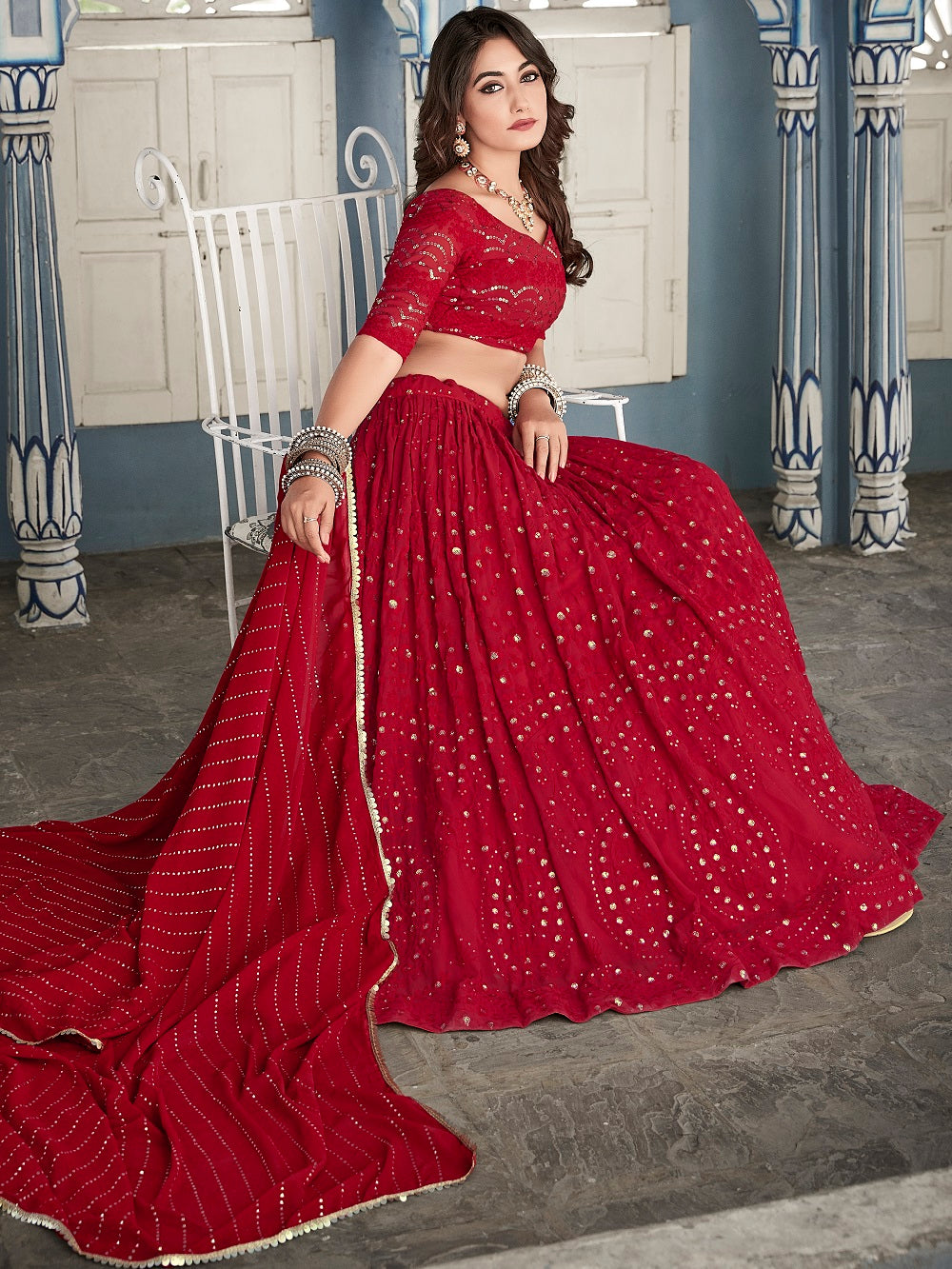 Red Color Lucknowi Thread & Sequins Embroidery Work Georgette Lehenga Choli ClothsVilla.com