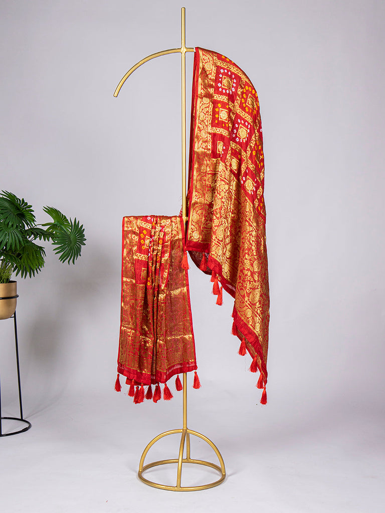 Red Color Zari Weaving Work Original Bandhej Silk Dupatta Clothsvilla