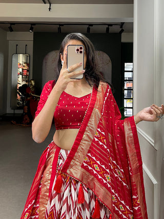 Red Color Leheriya With Foil Work Tussar Silk Lehenga Choli ClothsVilla