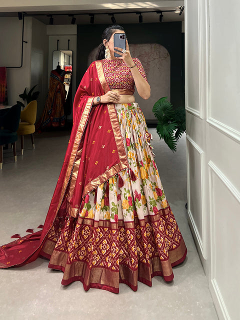 Red Color Floral And Patola Printed With Foil Work Tussar Silk Indian Lehenga Choli Clothsvilla Main image